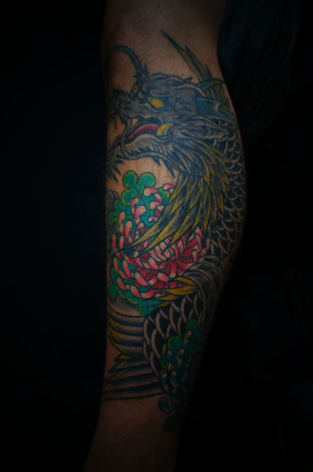 龍魚,牡丹,足,カラータトゥー/刺青デザイン画像