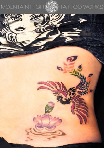 脇腹,フラワー,鳥,カラータトゥー/刺青デザイン画像