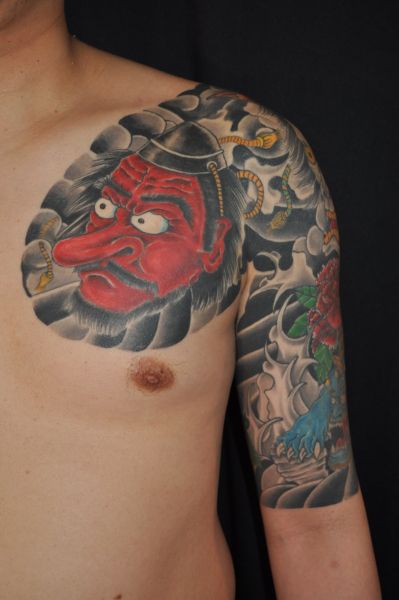 太鼓,天狗,五分袖タトゥー/刺青デザイン画像