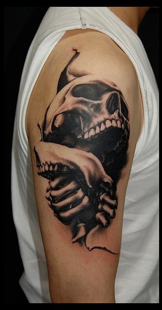 腕,手,二の腕,男性,骸骨,スカル,髑髏,ブラック＆グレイ,ブラック＆グレータトゥー/刺青デザイン画像