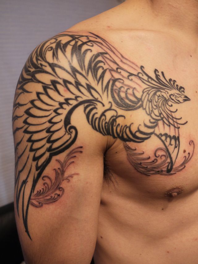 背中,腕,肩,鳳凰,ブラック＆グレイ,ブラック＆グレイタトゥー/刺青デザイン画像