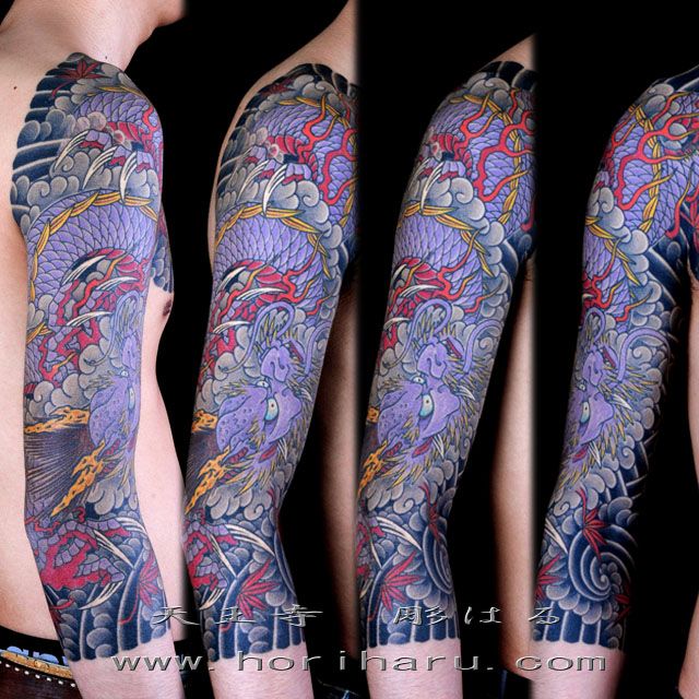 腕,二の腕,男性,胸,七分袖,龍,紅葉,額,カラータトゥー/刺青デザイン画像