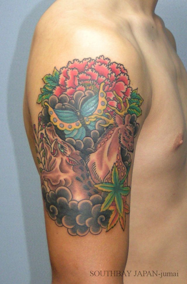 肩,猪鹿蝶,牡丹,紅葉,花タトゥー/刺青デザイン画像