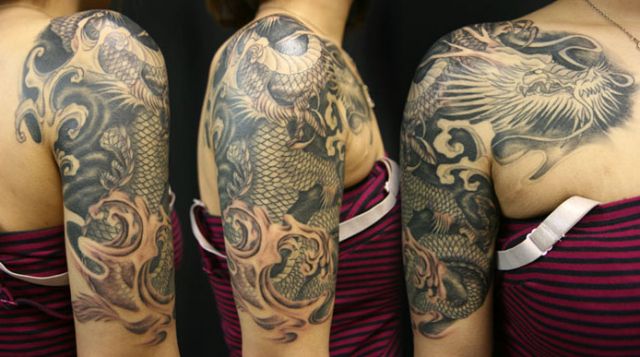 女性,胸,肩,龍,ブラック＆グレータトゥー/刺青デザイン画像