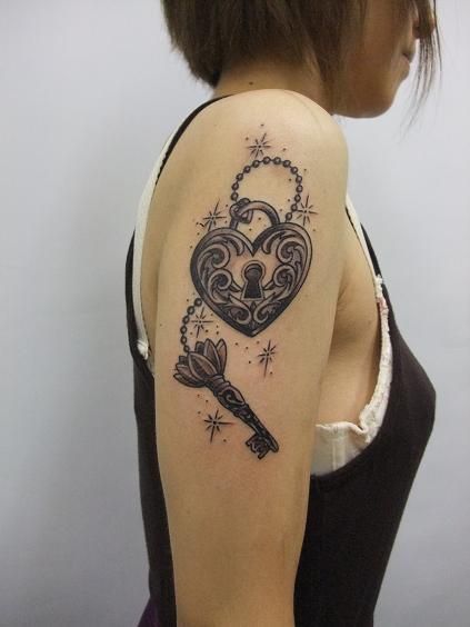 腕,肩,南京錠,鍵,ブラック＆グレイタトゥー/刺青デザイン画像