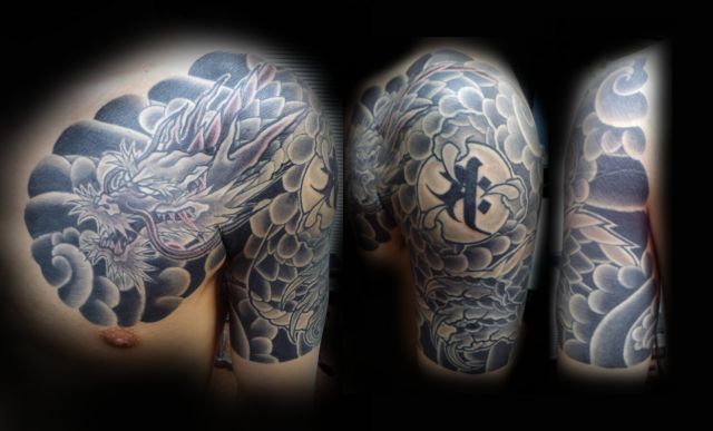龍,玉,梵字,肩,腕タトゥー/刺青デザイン画像
