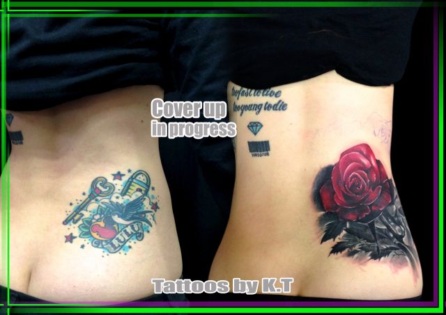 腰,女性,薔薇,バラ,カバーアップ,リアリスティック,リアルスティック,カラー,カラフル,タッチアップタトゥー/刺青デザイン画像