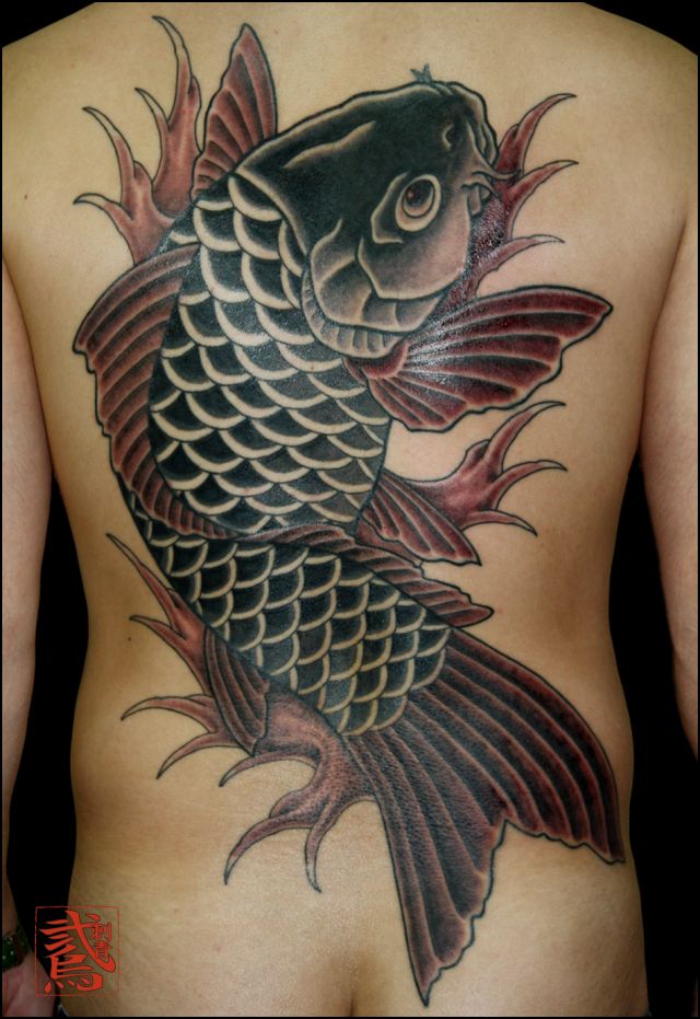 背中,鯉タトゥー/刺青デザイン画像