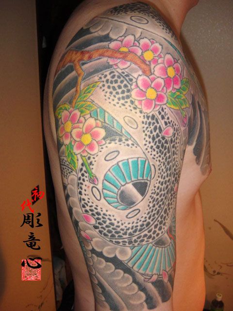 腕,五分袖,蛇,桜タトゥー/刺青デザイン画像