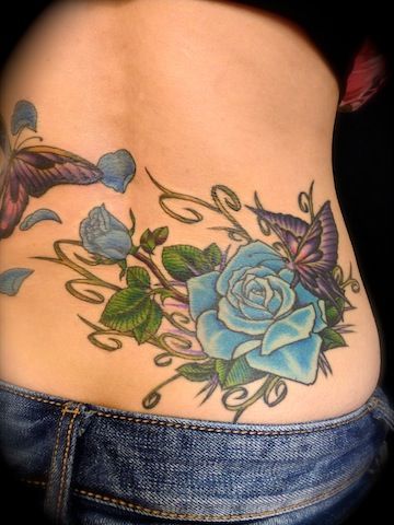 腰,女性,蝶,バタフライ,薔薇,カラータトゥー/刺青デザイン画像