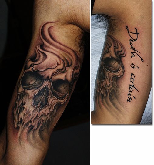 腕,髑髏,文字,ブラック＆グレータトゥー/刺青デザイン画像