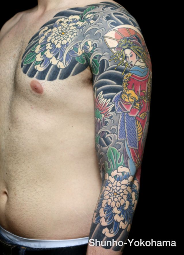 腕,胸,二の腕,着物,人物,額,菊,七分袖,カラータトゥー/刺青デザイン画像