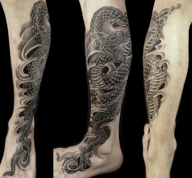 蛇,足,ブラック＆グレータトゥー/刺青デザイン画像