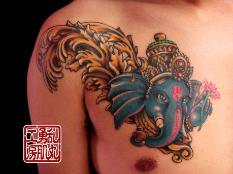 胸,ガネーシャ,宗教タトゥー/刺青デザイン画像