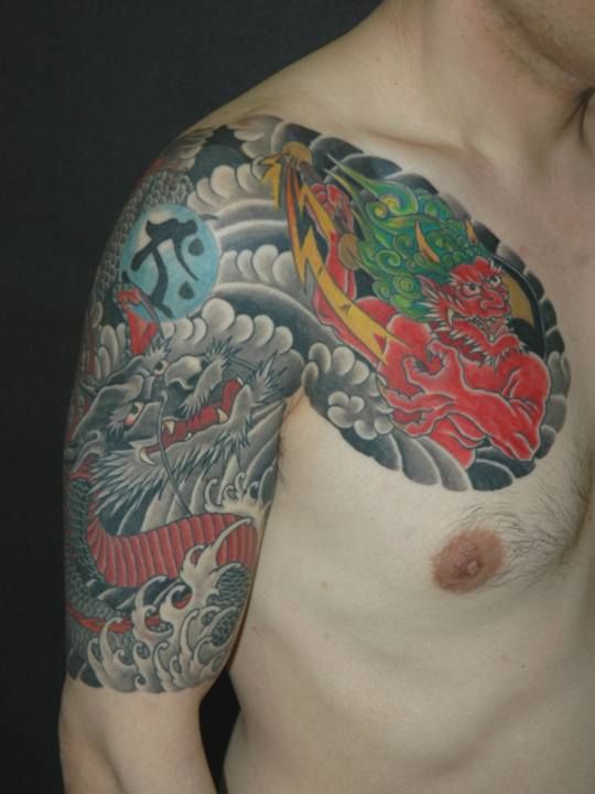 腕,カラー,雷神,龍タトゥー/刺青デザイン画像