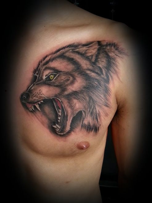 胸,ワンポイント,狼,ポートレート,リアルスティック,ブラック＆グレイタトゥー/刺青デザイン画像