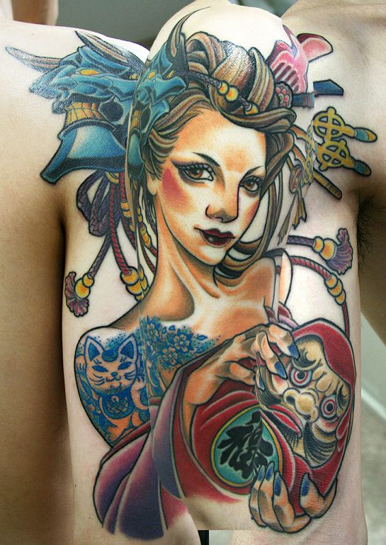 腕,般若,花魁,女,芸者,カラータトゥー/刺青デザイン画像