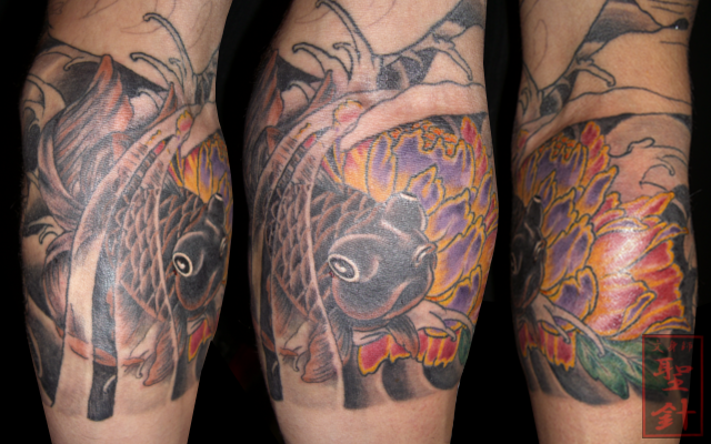 腕,牡丹,金魚,花,七分袖,カラー,カラフルタトゥー/刺青デザイン画像