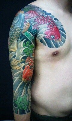鯉,紅葉,七分袖,太鼓タトゥー/刺青デザイン画像