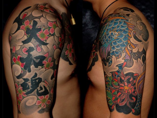 太鼓,五分袖,龍,文字,牡丹,桜タトゥー/刺青デザイン画像