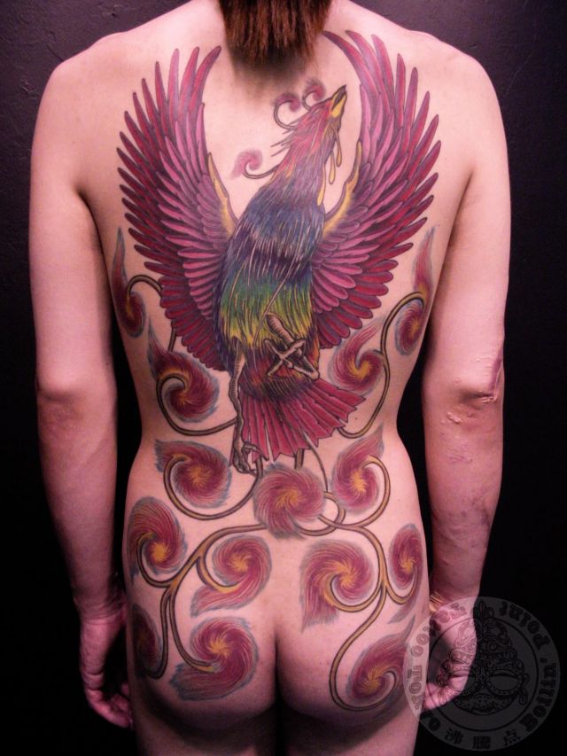 背中,男性,鳳凰,鳥,カラー,カラフルタトゥー/刺青デザイン画像