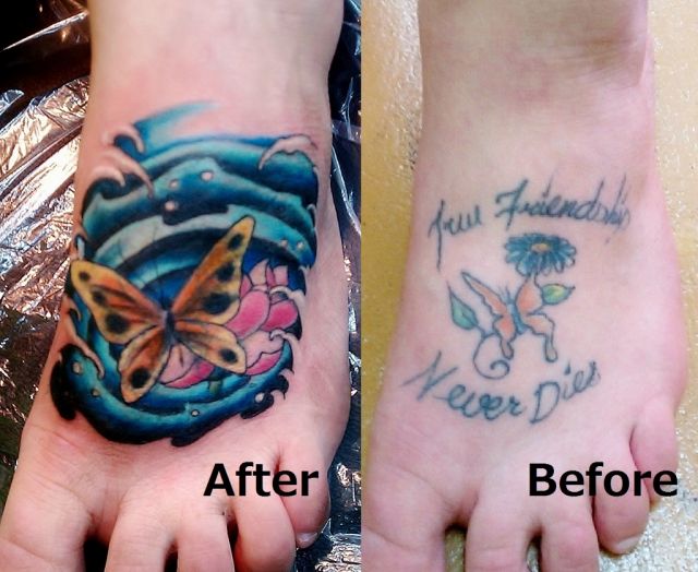 足,女性,バタフライ,フラワー,蓮,波,カラフルタトゥー/刺青デザイン画像
