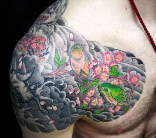 肩,桜,鳥,カラータトゥー/刺青デザイン画像