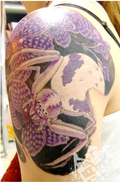 女性,腕,蜘蛛,花,月タトゥー/刺青デザイン画像