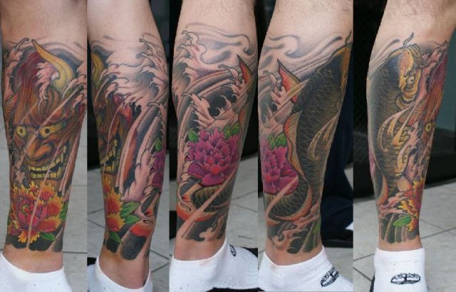 足,男性,鯉,面,カラー,カラフルタトゥー/刺青デザイン画像