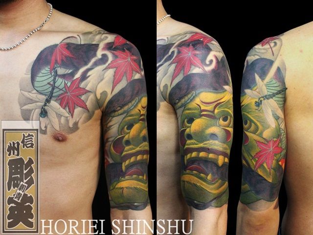 蛇,紅葉,額,五分袖,だるま,トンボ,大蛇,カラータトゥー/刺青デザイン画像