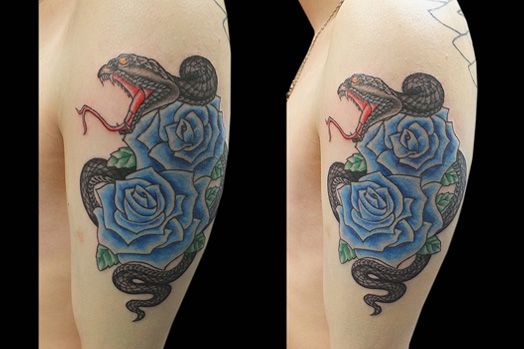 腕,肩,蛇,薔薇,ブラック＆グレイ,ブラック＆グレー,カラー,ブラック＆グレイタトゥー/刺青デザイン画像