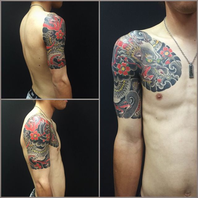 腕,肩,胸,龍,桜散らしタトゥー/刺青デザイン画像