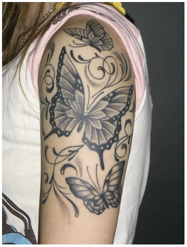 女性,腕,蝶,ブラック＆グレータトゥー/刺青デザイン画像