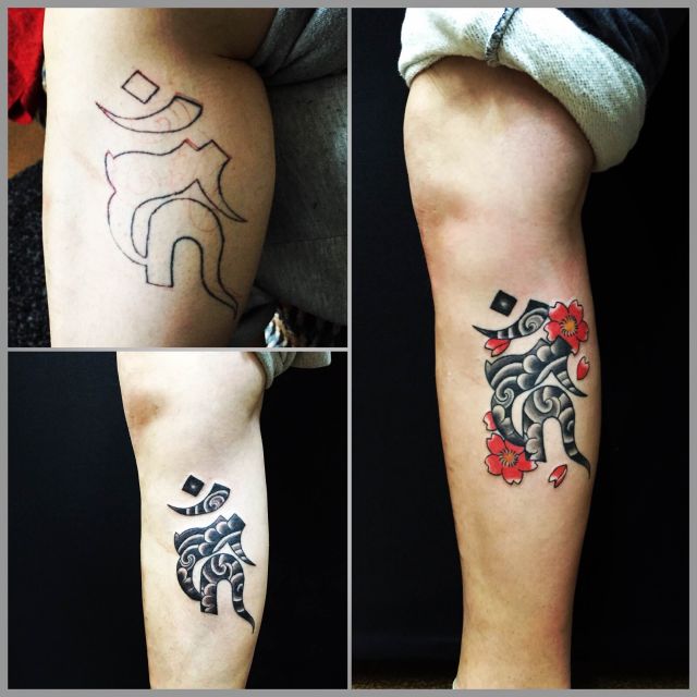 ふくらはぎ,梵字,桜,カラータトゥー/刺青デザイン画像