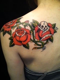 薔薇,スカル,花タトゥー/刺青デザイン画像