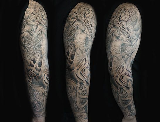 腕,肩腕,天使,女神,ブラック＆グレイ,ブラック＆グレー,烏彫りタトゥー/刺青デザイン画像