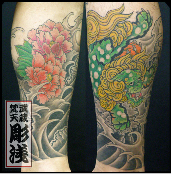 足,額,唐獅子,牡丹タトゥー/刺青デザイン画像