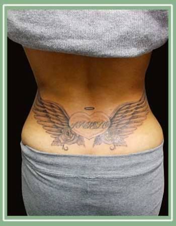 腰,女性,羽,ブラック＆グレータトゥー/刺青デザイン画像