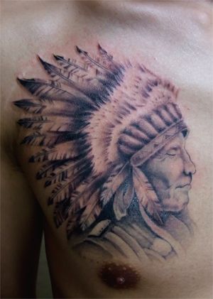 胸,インディアン,ブラック＆グレータトゥー/刺青デザイン画像