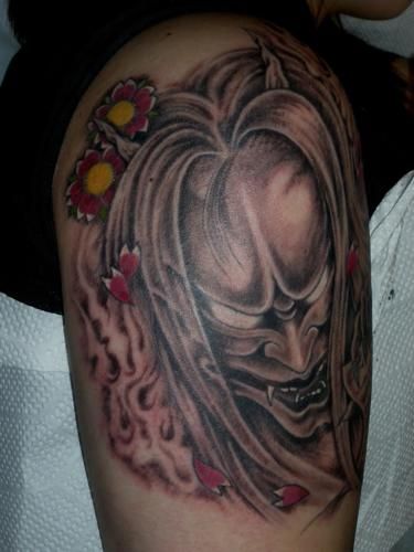 女性,人物,桜,面,腕,般若タトゥー/刺青デザイン画像