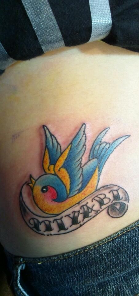 腰,鳥,ツバメ,カラー,青タトゥー/刺青デザイン画像