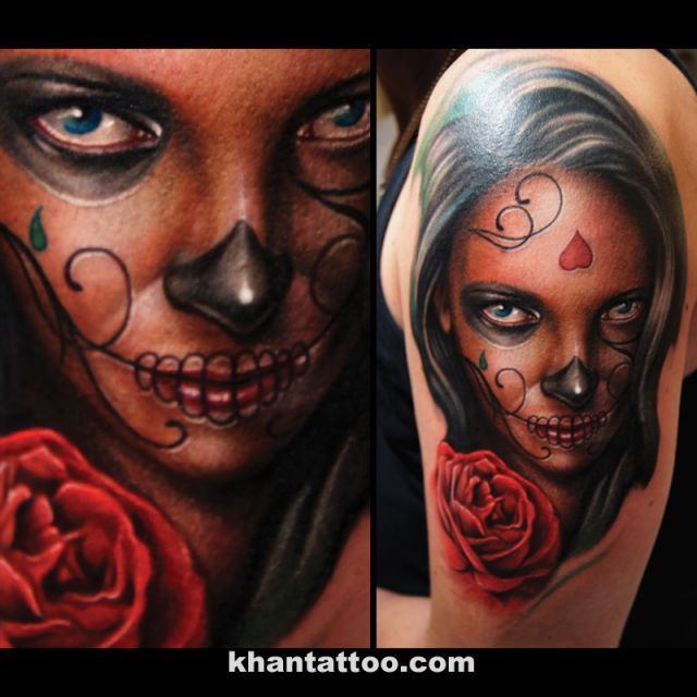 腕,薔薇,女性,カラータトゥー/刺青デザイン画像