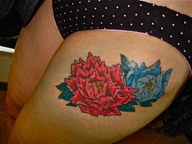 足,カラー,牡丹,女性タトゥー/刺青デザイン画像