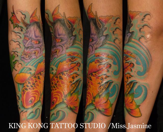 腕,男性,鯉,紅葉,般若,般若面,カラー,カラフルタトゥー/刺青デザイン画像