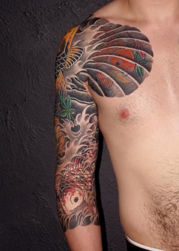 太鼓,七分袖,鯉,紅葉タトゥー/刺青デザイン画像