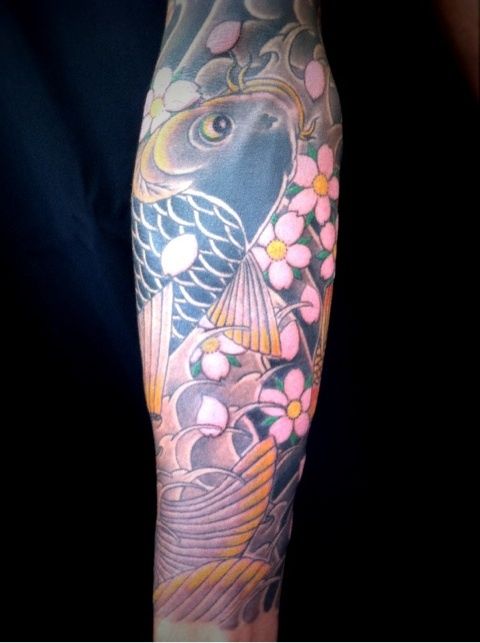 鯉,桜,腕,花タトゥー/刺青デザイン画像