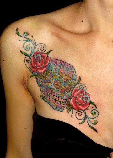 女性,胸,メキシカンスカルタトゥー/刺青デザイン画像