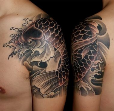 腕,鯉,五分袖,ブラック＆グレータトゥー/刺青デザイン画像