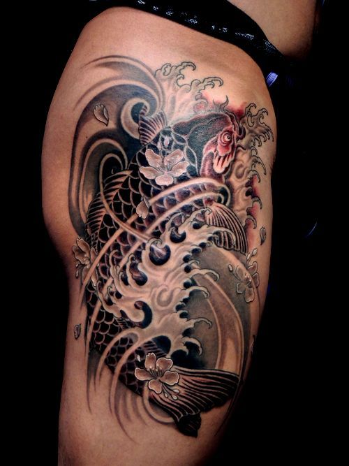 鯉,足,波,ブラック＆グレータトゥー/刺青デザイン画像