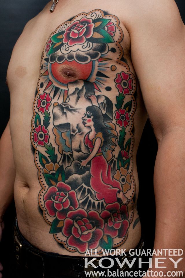 胸,薔薇,カラータトゥー/刺青デザイン画像